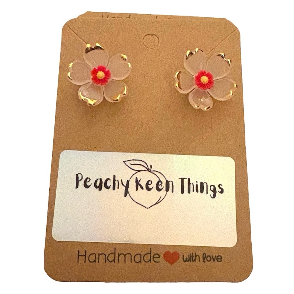 Lucite Cherry Blossom Flower Earrings with Cabohon Centers and 925 Posts. - Picture 5 of 11